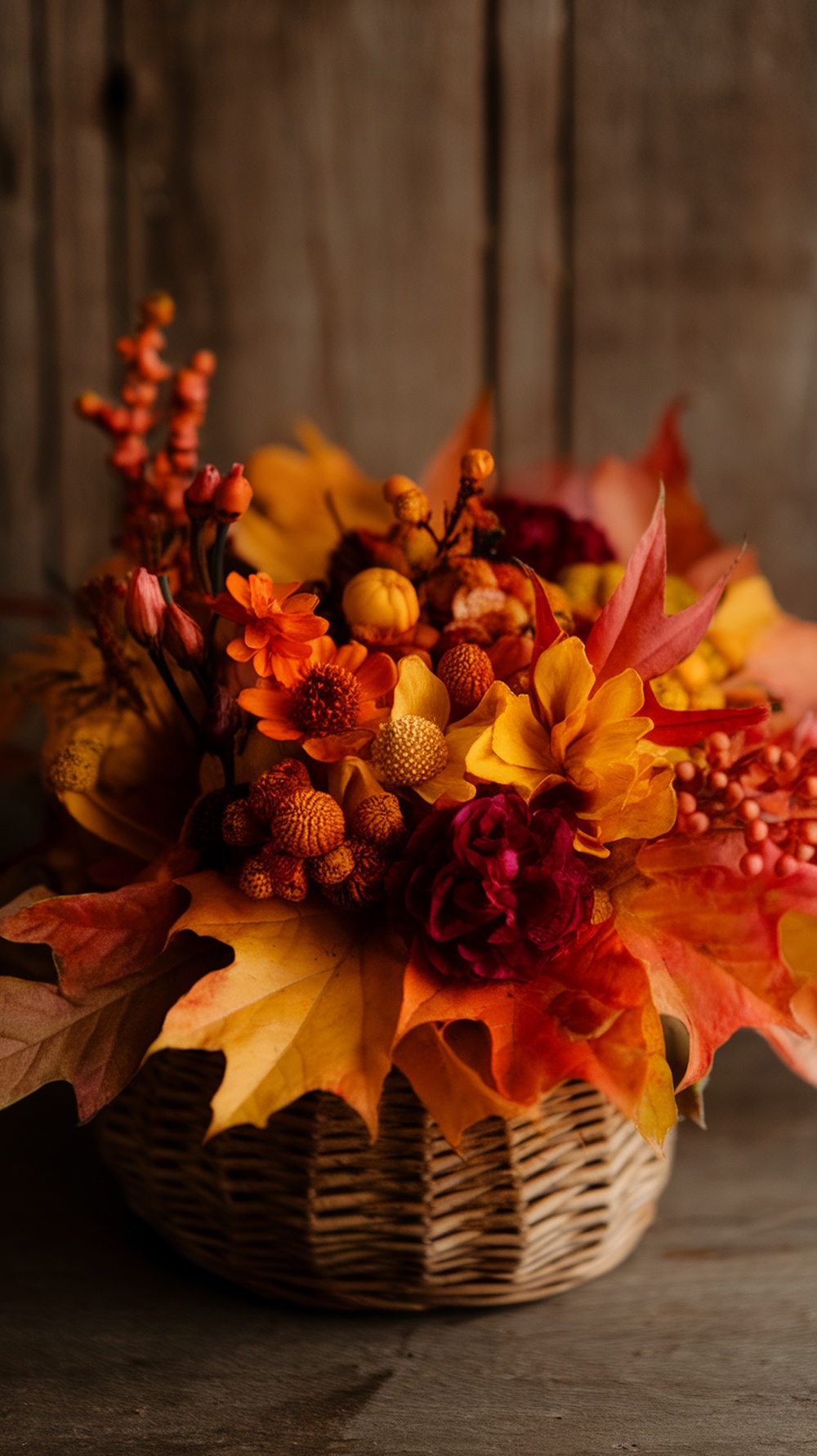 A vibrant Mother's Day bouquet featuring seasonal flowers and colorful foliage arranged in a natural basket.
