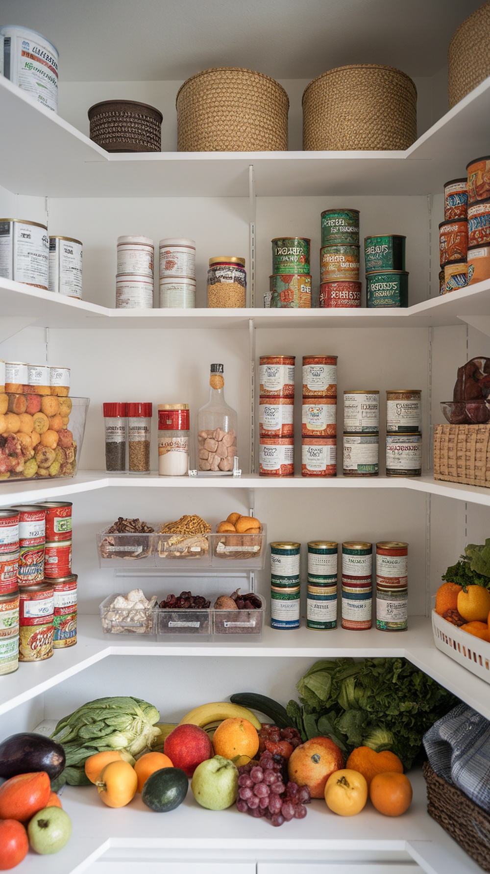An organized pantry showing seasonal fruits, vegetables, and canned goods on shelves.