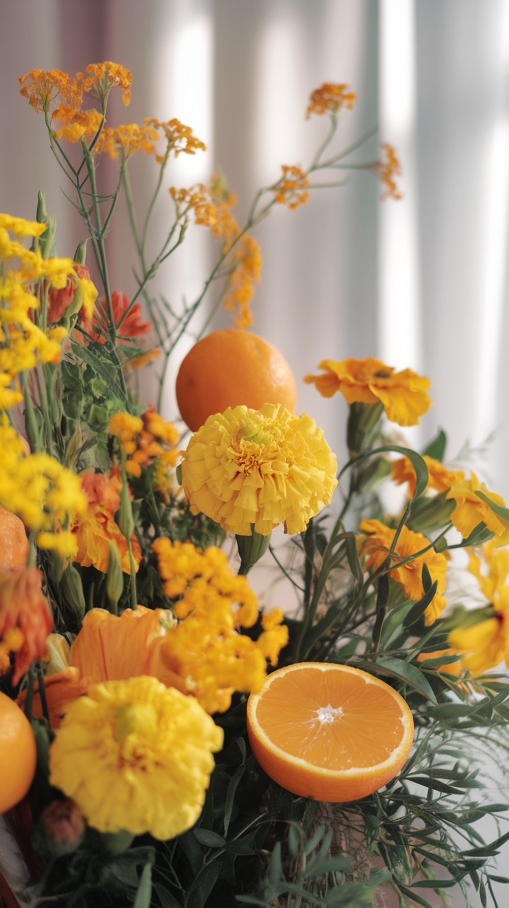 A vibrant summer wedding bouquet featuring yellow marigolds, orange flowers, and fresh oranges.