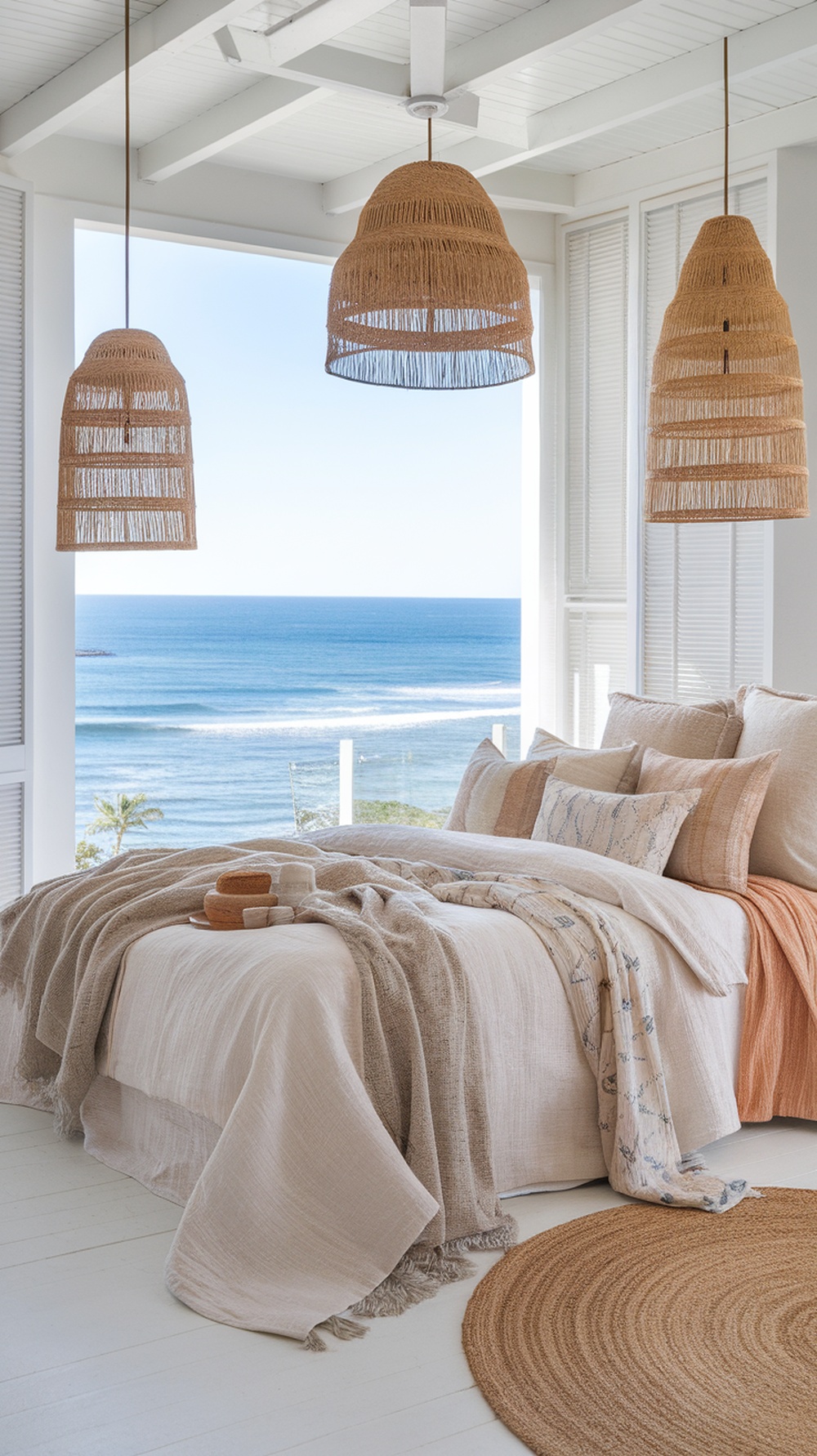A coastal-themed bedroom featuring soft neutral bedding, layered textures, and a view of the ocean.