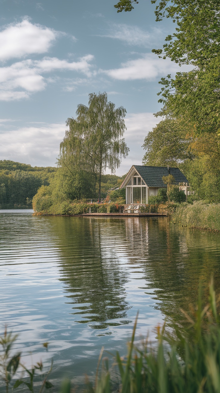 A serene lakeside view with a cozy house surrounded by greenery and calm waters.