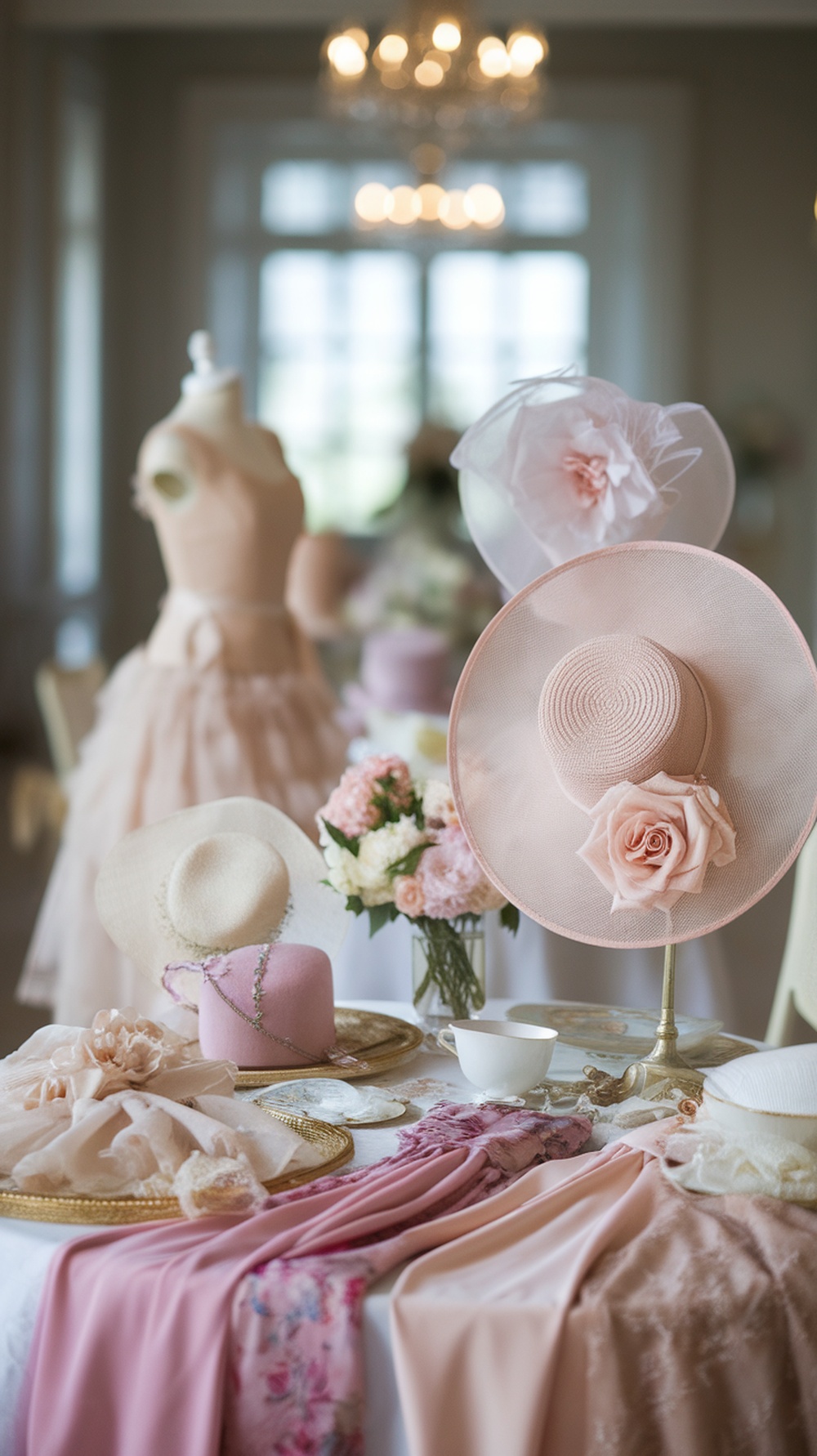 A display of elegant tea party attire including a pink dress, stylish hats, and floral accessories.