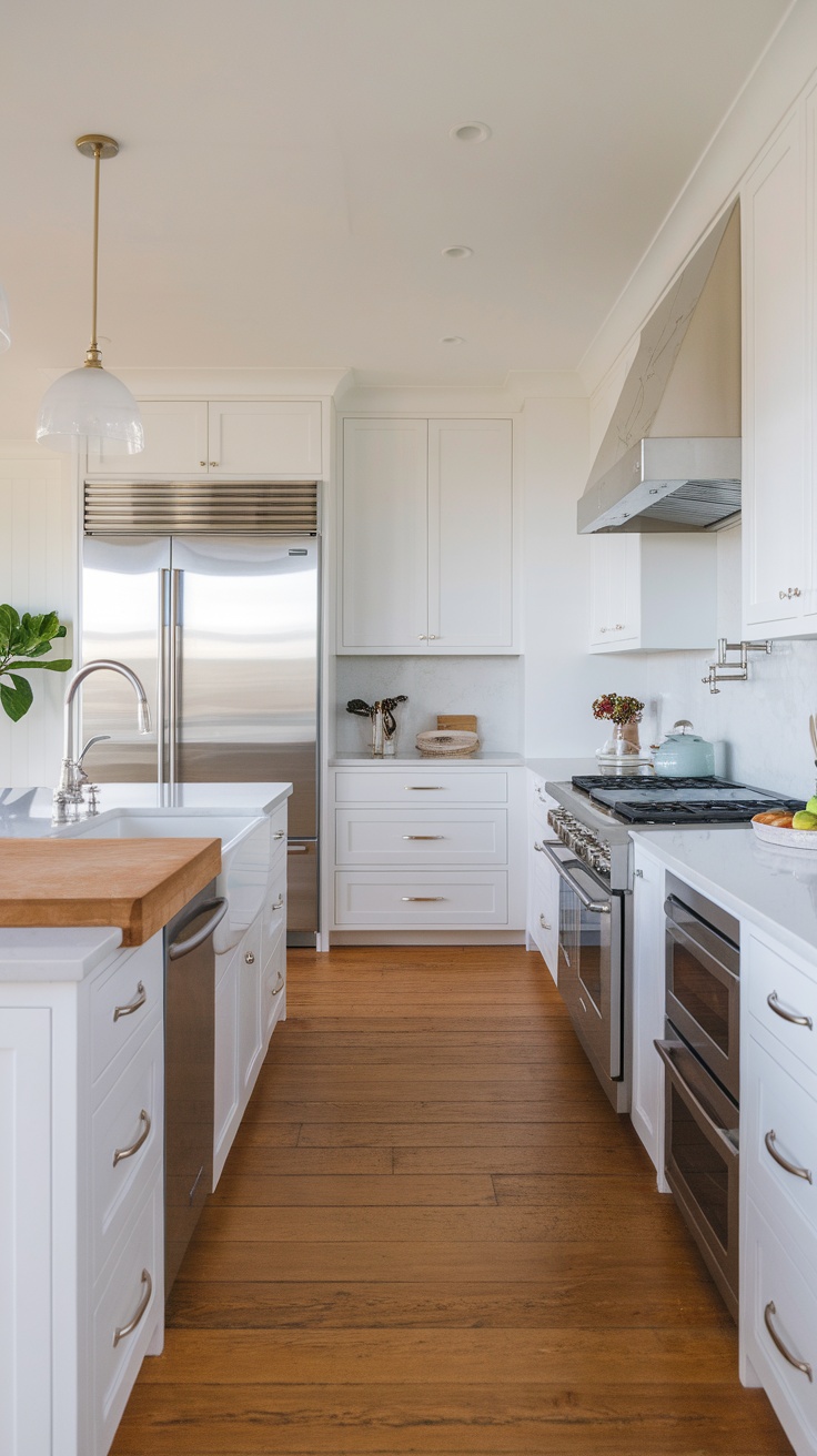 A bright and modern coastal kitchen featuring white cabinetry, stainless steel appliances, and a warm wooden countertop.