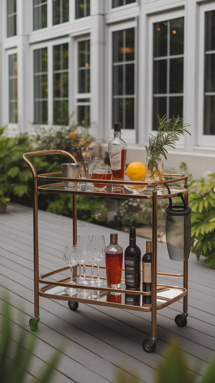 A stylish bar cart setup with glasses, bottles, and garnishes, set in an outdoor patio.