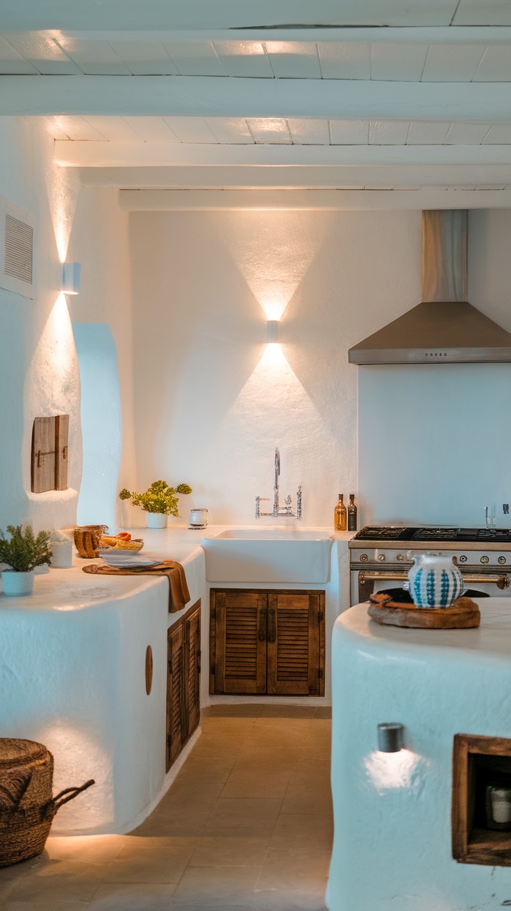 A bright and airy coastal kitchen with smart lighting solutions highlighting the white walls and wooden accents.