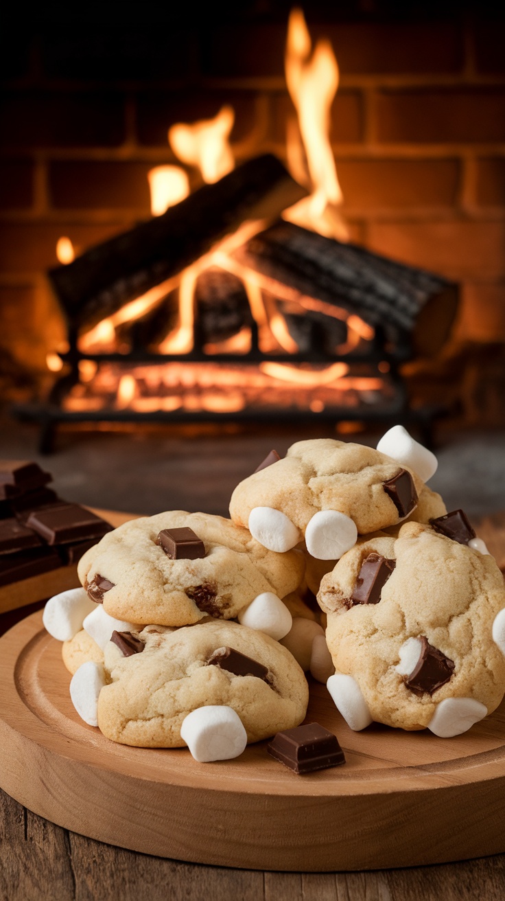 S'mores cookies with chocolate and marshmallows, placed on a wooden plate near a cozy fireplace.