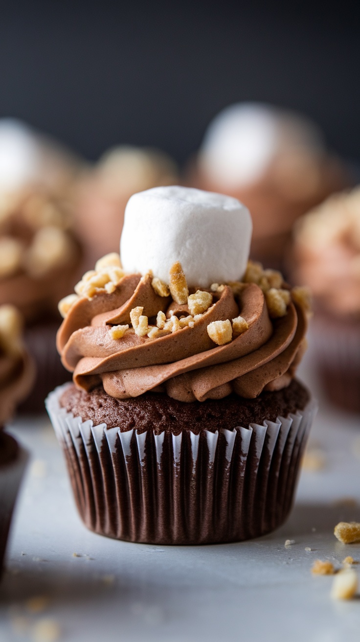 Close-up of a chocolate cupcake topped with chocolate frosting, graham cracker crumbs, and a marshmallow