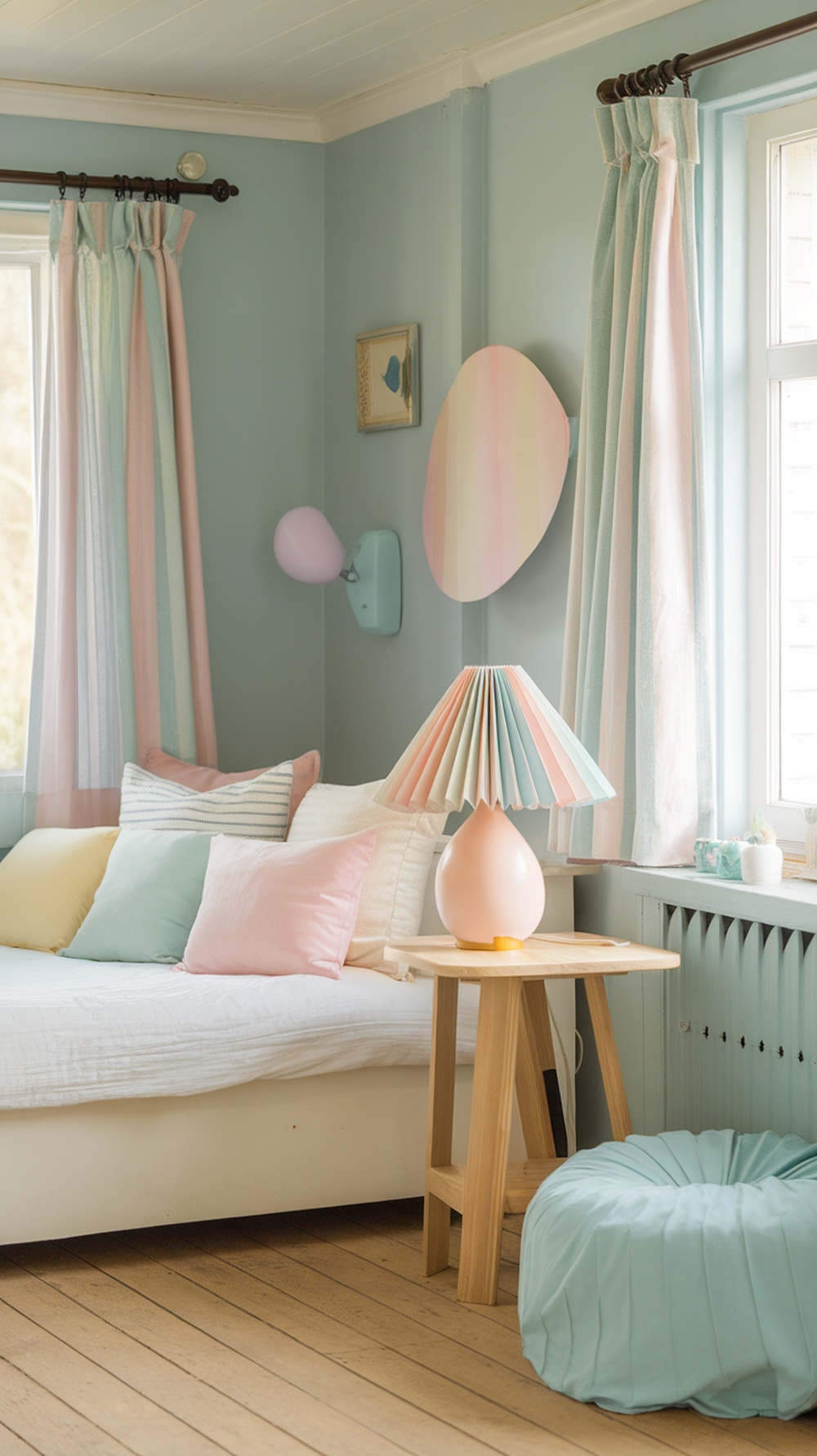 Cozy vintage cottage living space with soft pastel decor elements.
