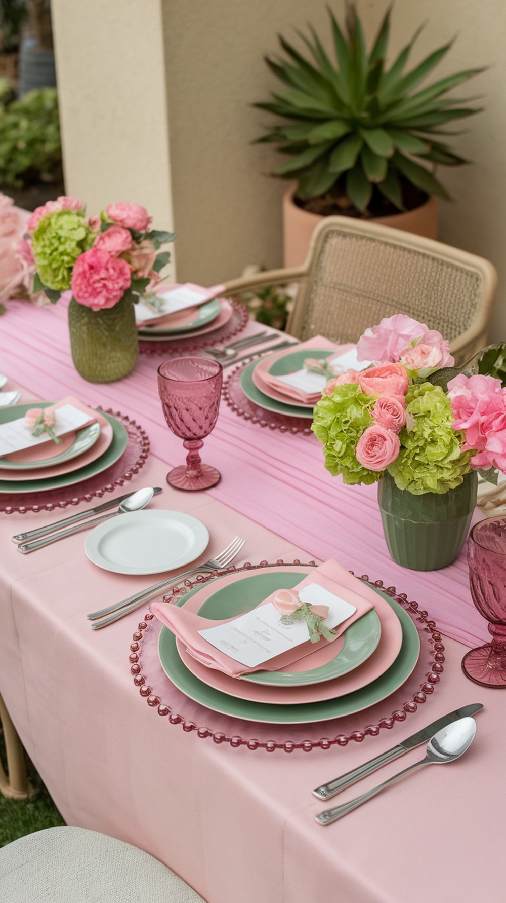 A beautifully set table with soft pastel colors featuring pink and green plates, flowers, and elegant glassware for Mother's Day.
