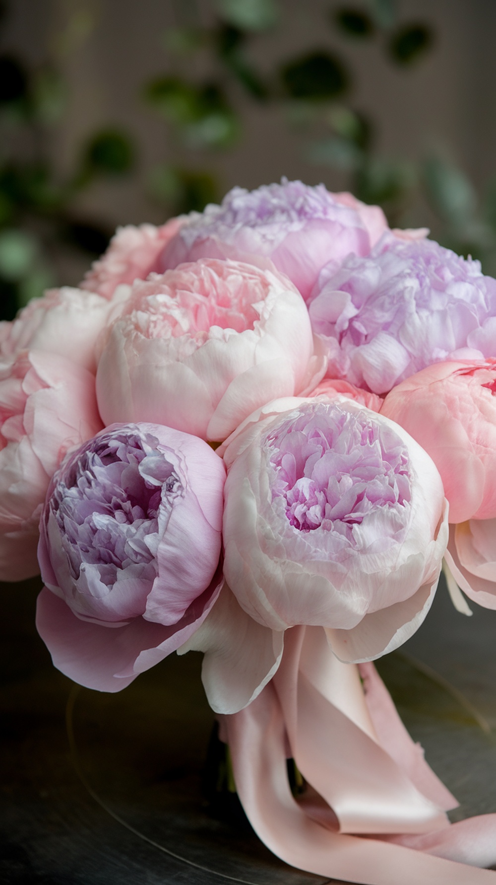 A beautiful bouquet of soft pastel peonies in shades of pink and lavender, tied with a ribbon.