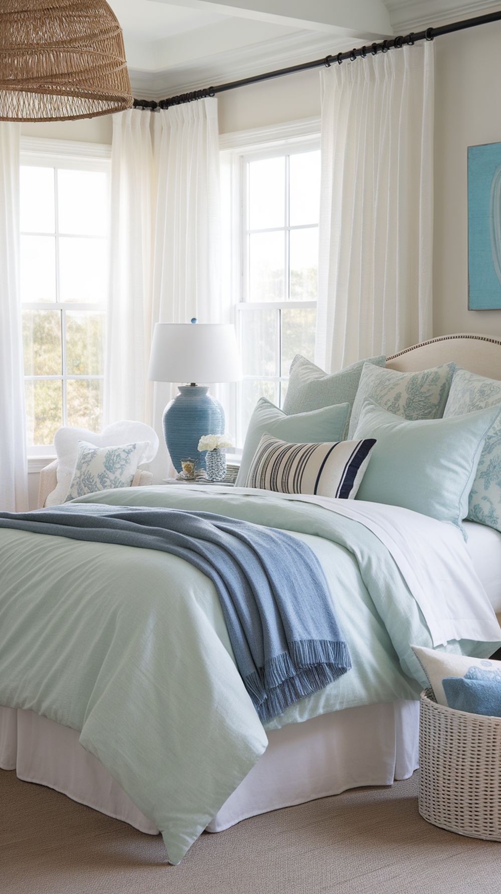 Cozy bedroom featuring soft seafoam colored bedding with layered textures and coastal decor.