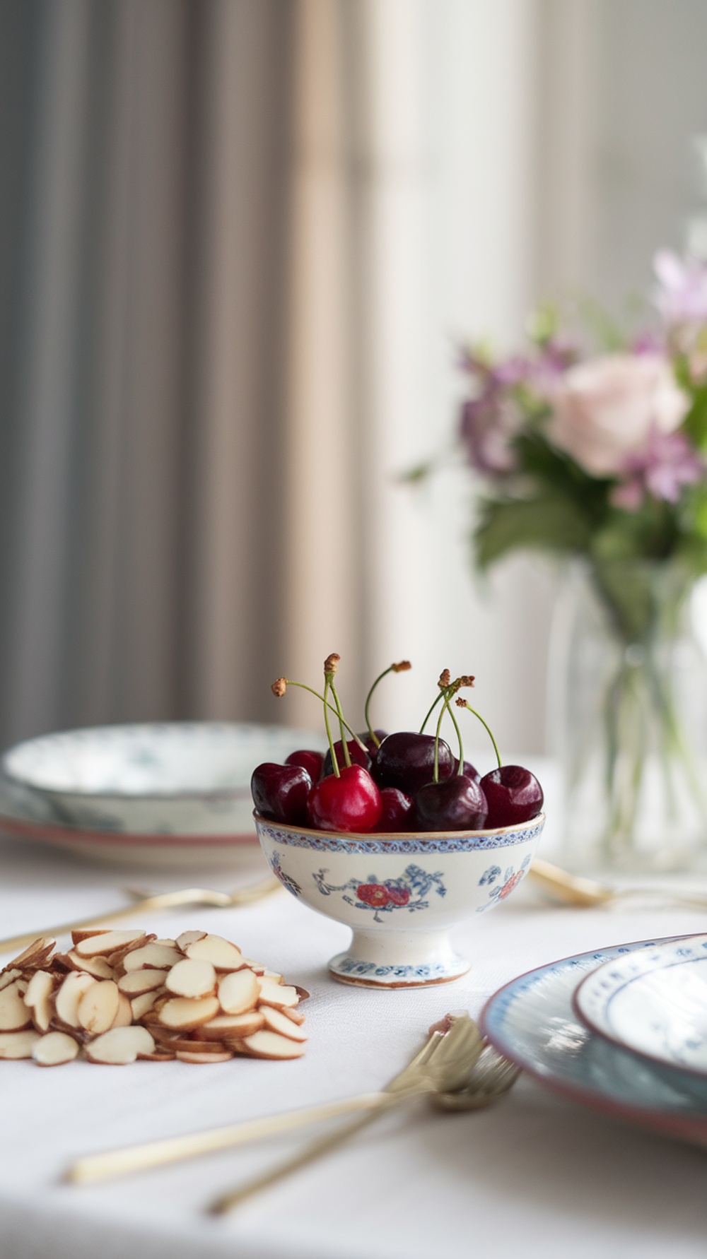 A bowl of sour cherries surrounded by sliced almonds on a table with floral decor