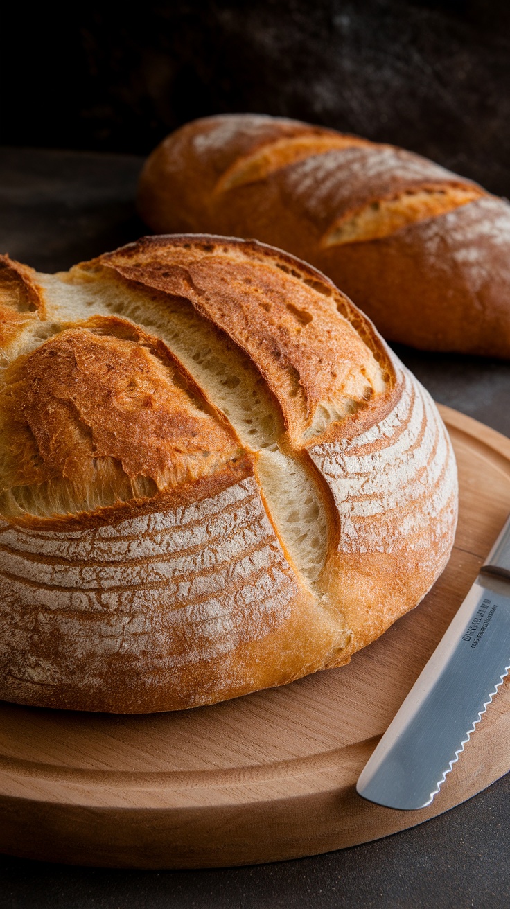 Freshly baked sourdough bread with a crusty exterior on a wooden cutting board, accompanied by a serrated knife.