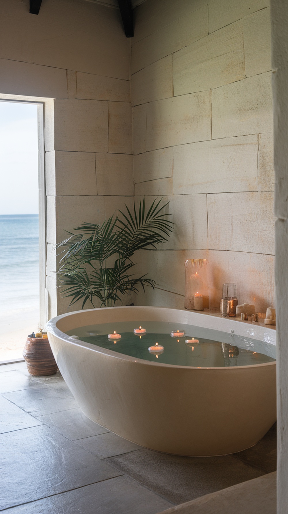 A serene bathroom with a freestanding tub and a view of the ocean, featuring candles and a touch of greenery.