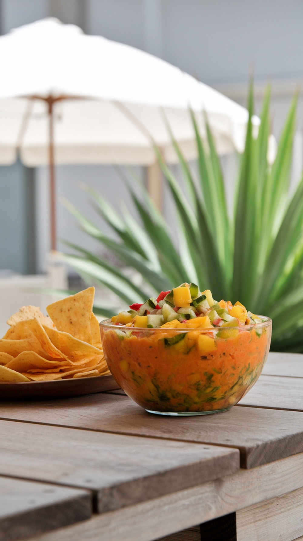 A bowl of spicy mango and cucumber salsa next to tortilla chips on a wooden table