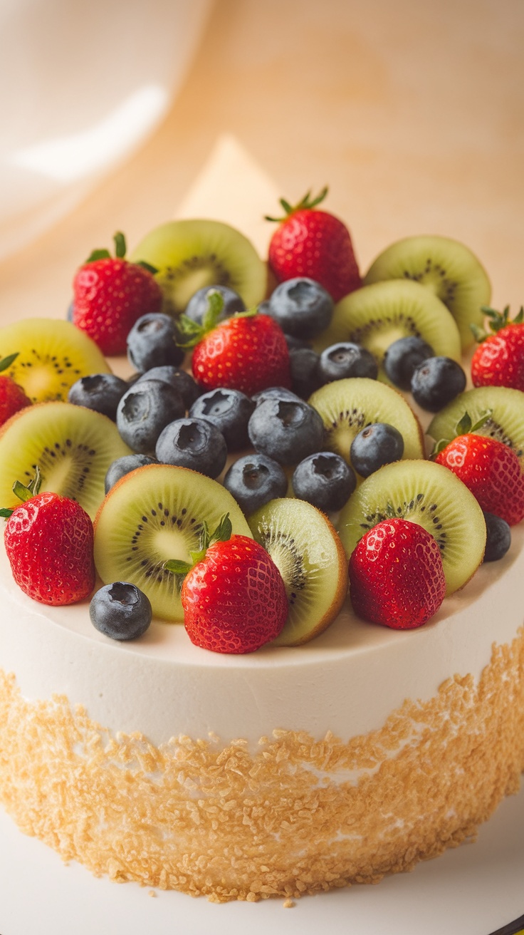 A fruit cake topped with strawberries, blueberries, and kiwi slices.