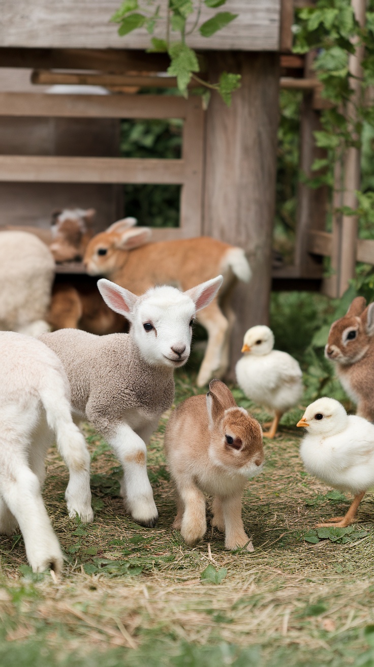 A lively scene with baby lambs, bunnies, and ducklings exploring together in a spring setting.