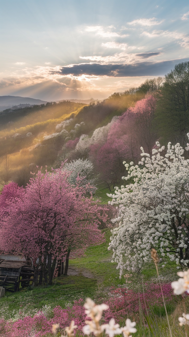 A serene springtime sunrise scene with blooming cherry blossom trees and gentle sunlight filtering through the branches.
