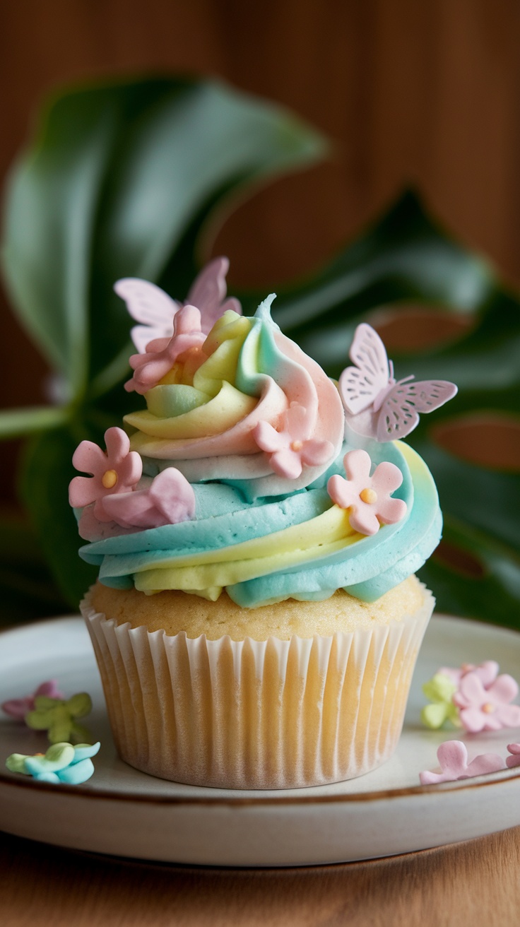 A decorative cupcake with pastel frosting, flowers, and butterflies on a plate