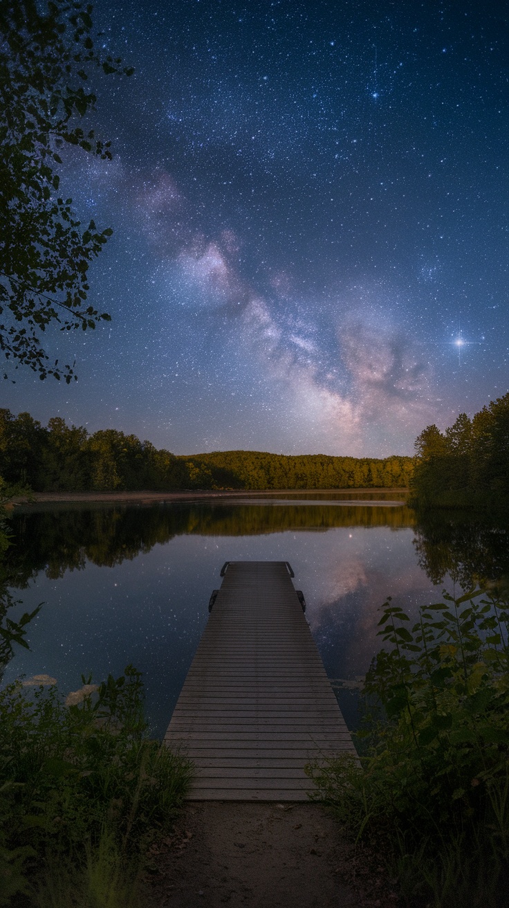 A night sky filled with stars over a calm lake, with a dock extending into the water.