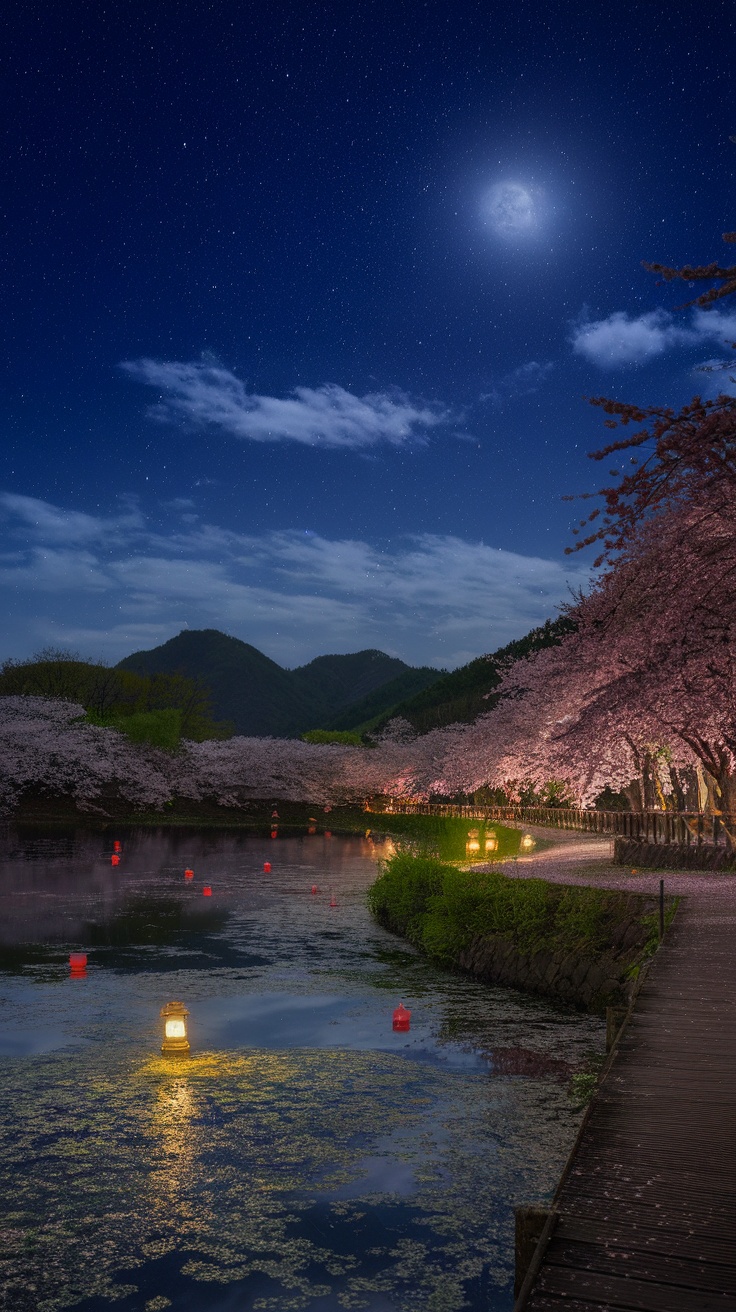 A tranquil scene of a starry night over a cherry blossom-lined river, with lanterns illuminating the water.