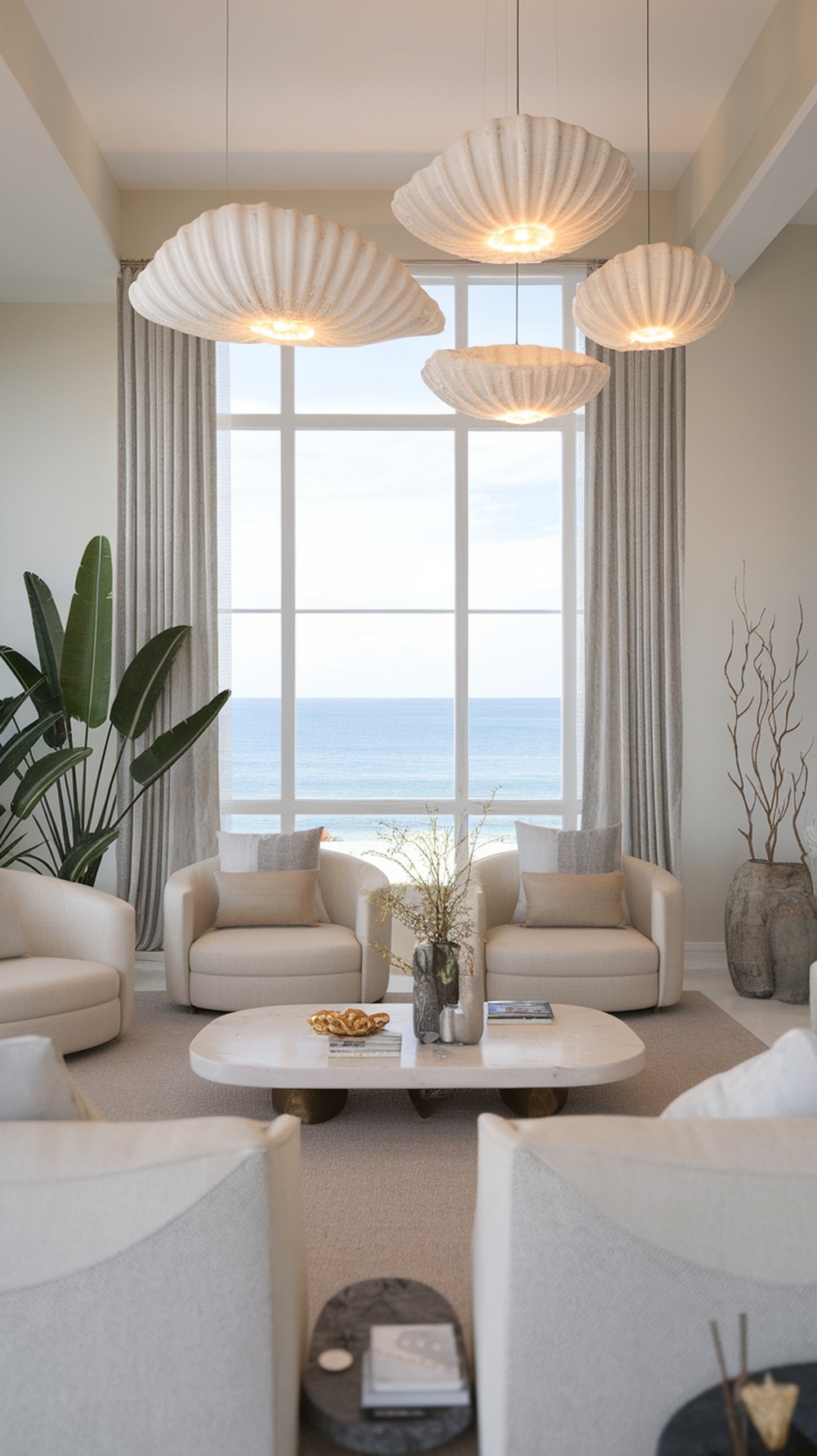Modern coastal living room with shell-shaped pendant lights and a view of the ocean