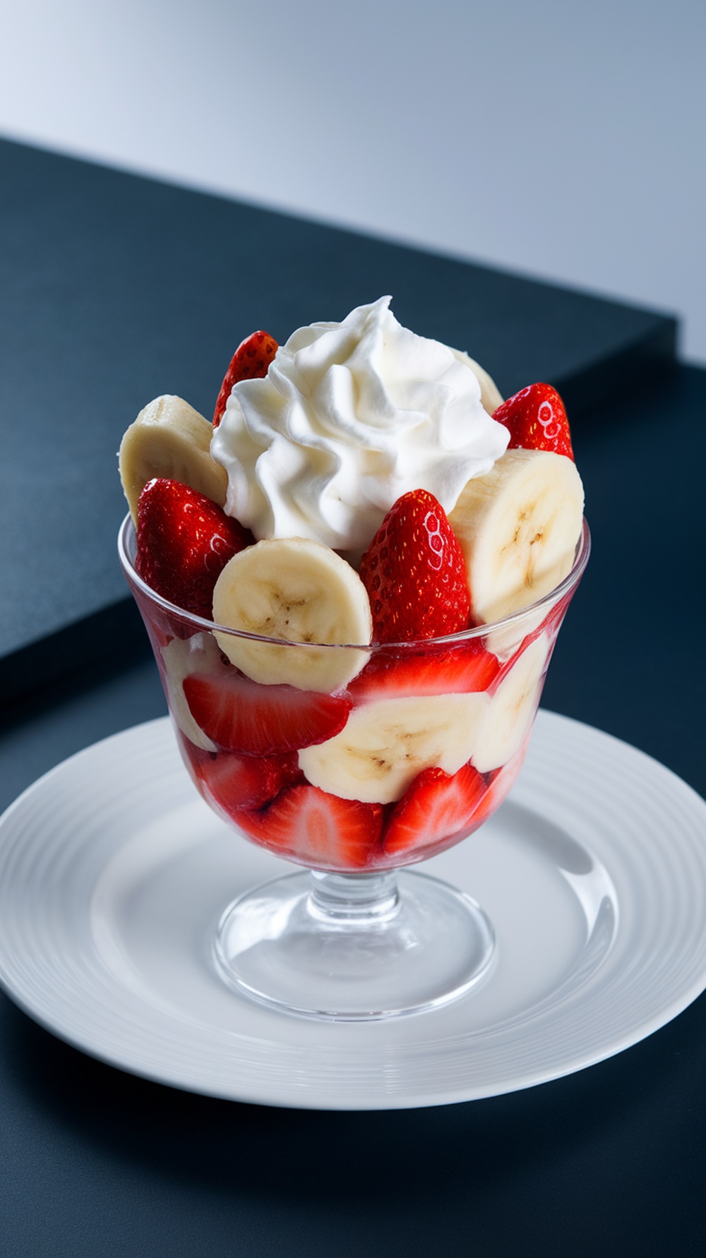 A bowl of Strawberry and Banana Cream Salad topped with whipped cream.