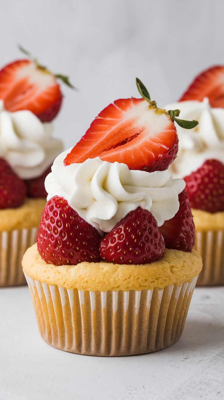 Strawberry shortcake cupcakes topped with fresh strawberries and whipped cream