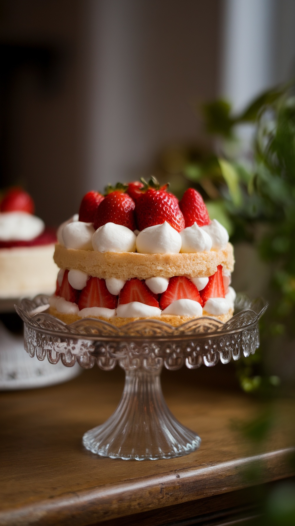 A delicious strawberry shortcake on a glass cake stand, decorated with fresh strawberries and whipped cream.
