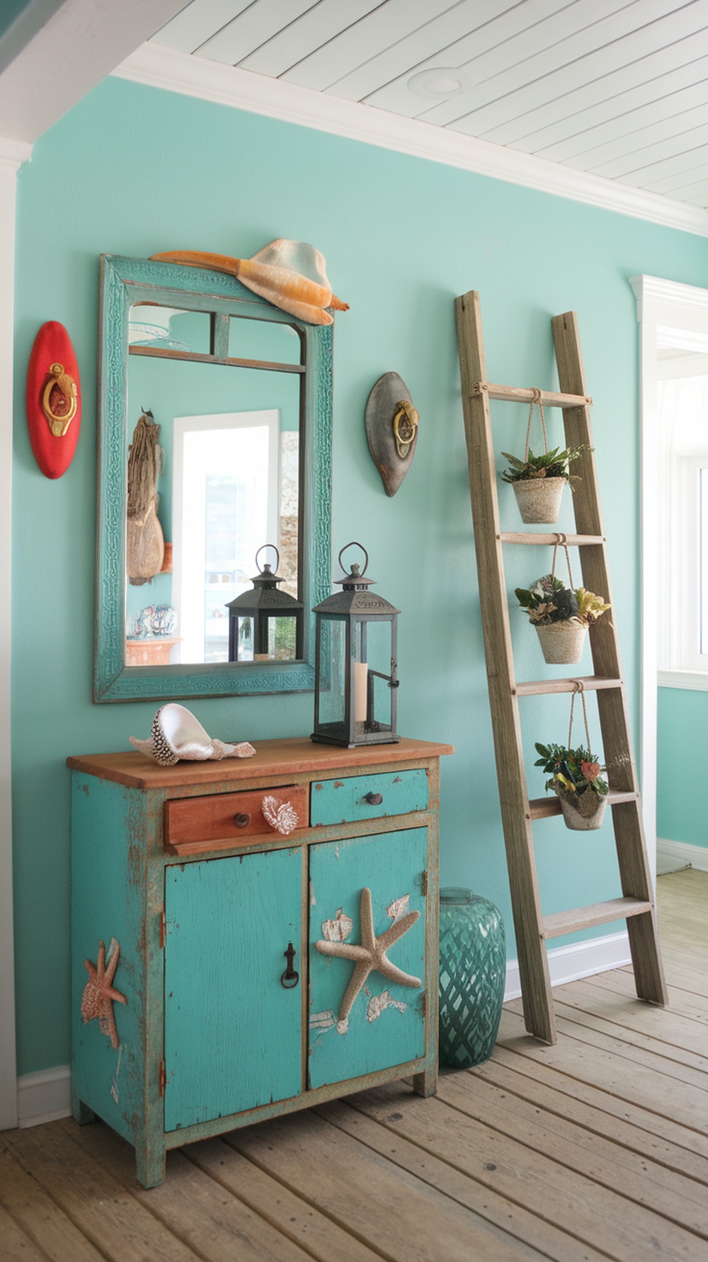 Colorful beach house entryway with turquoise walls, rustic console table, and ladder with potted plants.