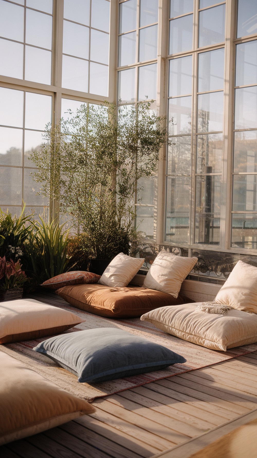 A stylish sunroom with comfortable cushions, showcasing a relaxing lounge area filled with plants and natural light.