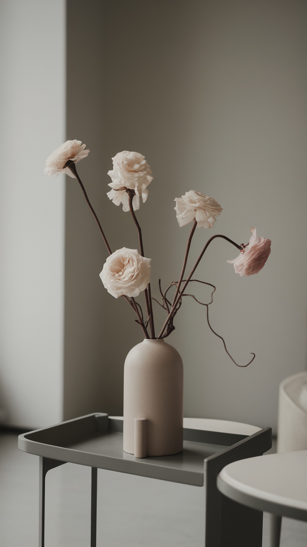 A stylish minimalist arrangement featuring soft-colored flowers in a simple beige vase on a small table.