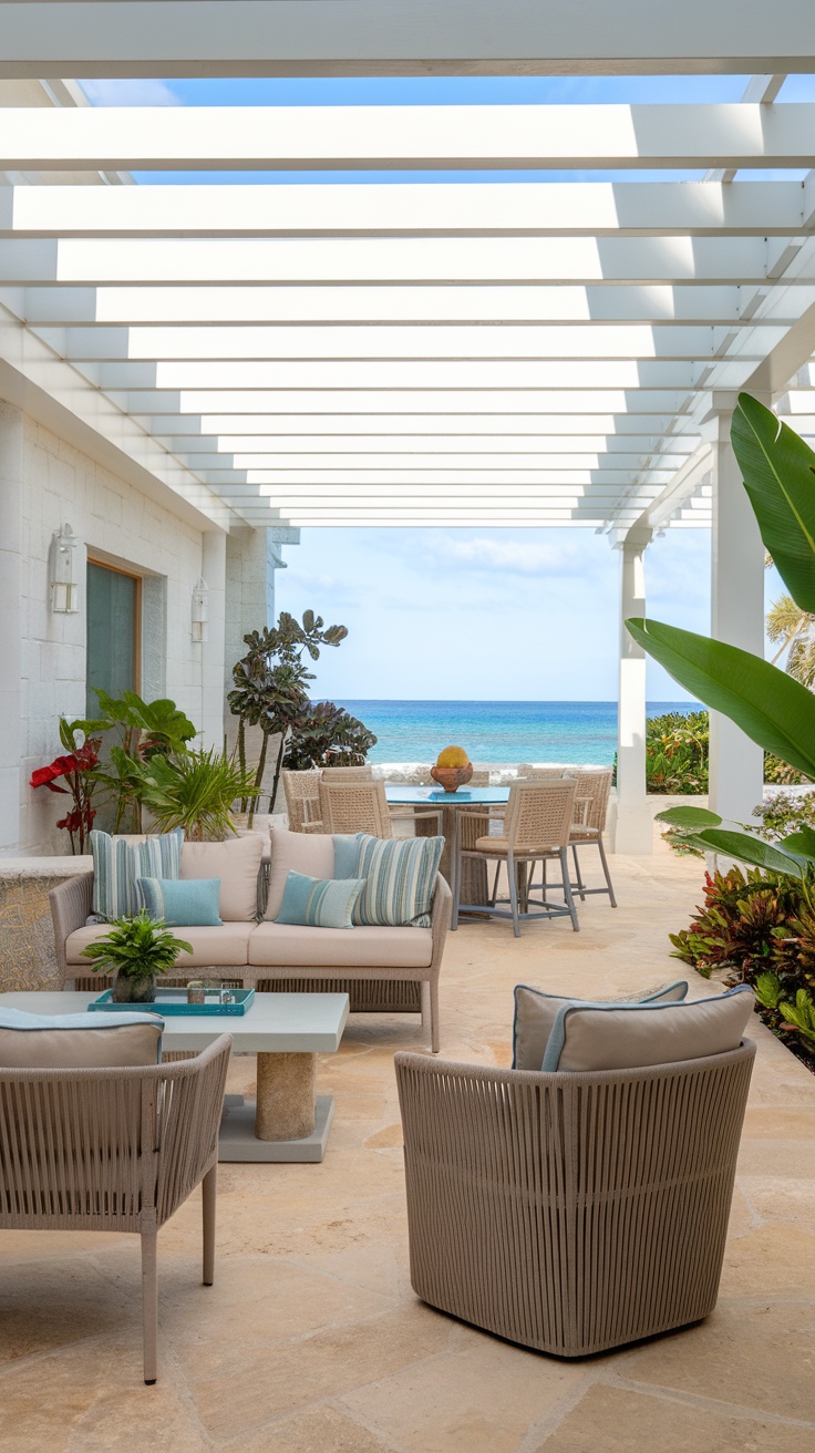 A stylish outdoor living space at a beach house with comfortable seating and an ocean view.