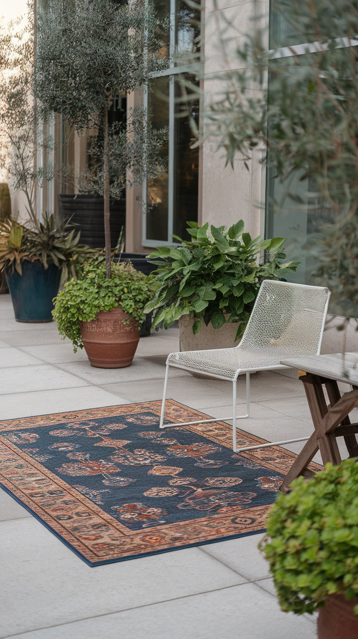 A stylish outdoor rug on a patio next to potted plants and a modern chair.