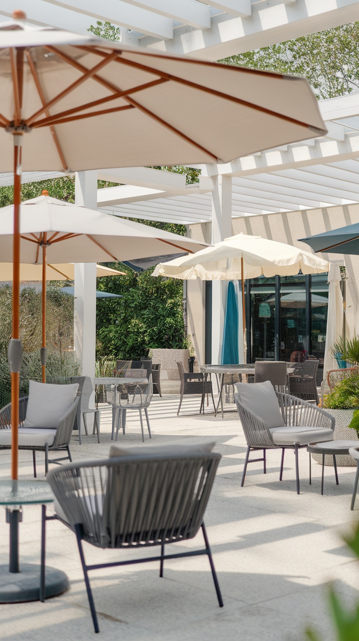 An outdoor seating area with umbrellas providing shade