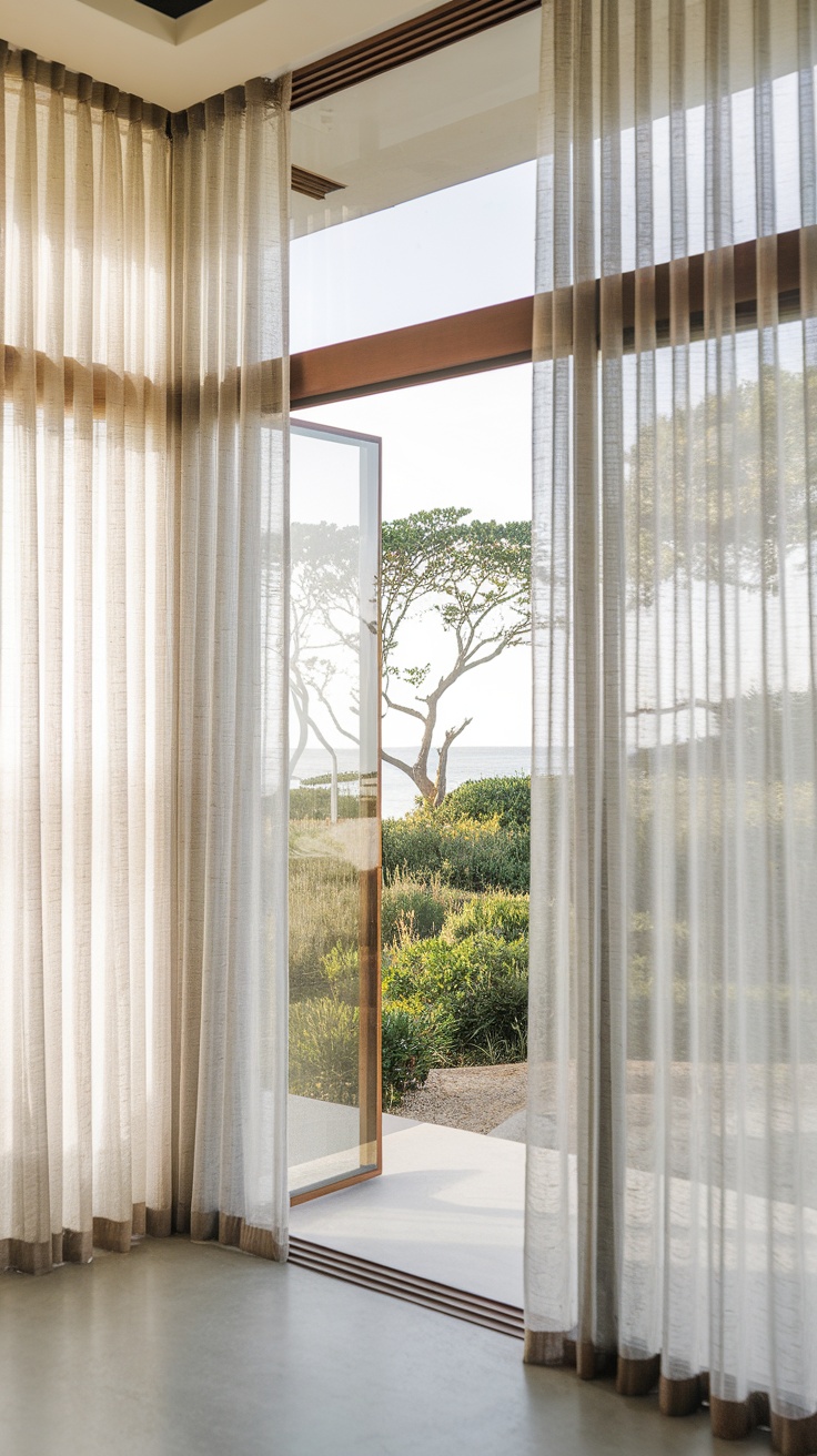 A view of sheer curtains elegantly framing a doorway overlooking greenery and the ocean.