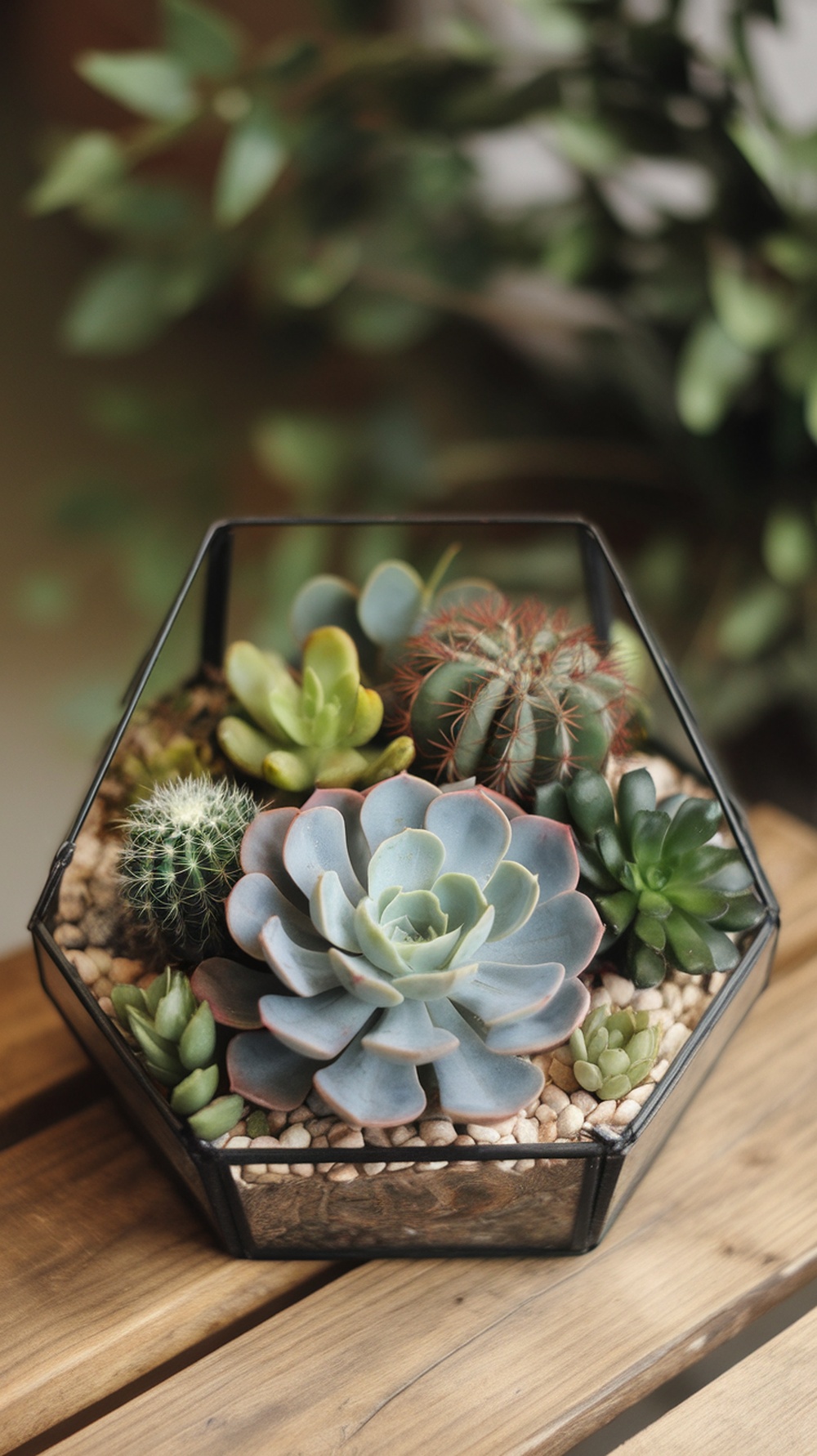 A hexagonal glass terrarium filled with various succulents and cacti on a wooden surface.