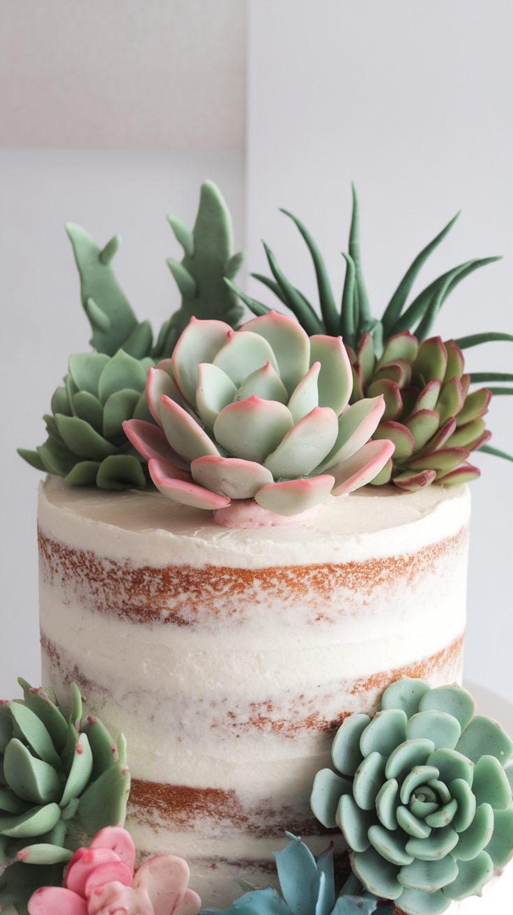 A beautiful naked cake topped with realistic fondant succulents in various colors.
