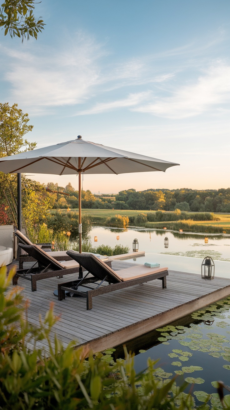 A stylish deck with lounge chairs, an umbrella, and a view of a tranquil water scene.