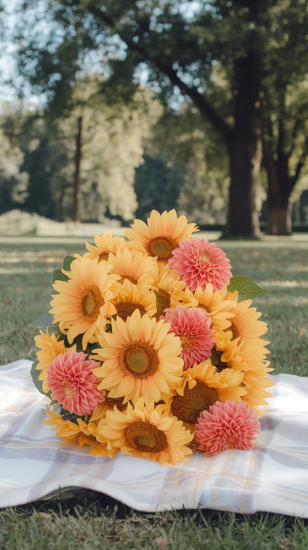 A bouquet of sunflowers and pink dahlias placed on a blanket in a park