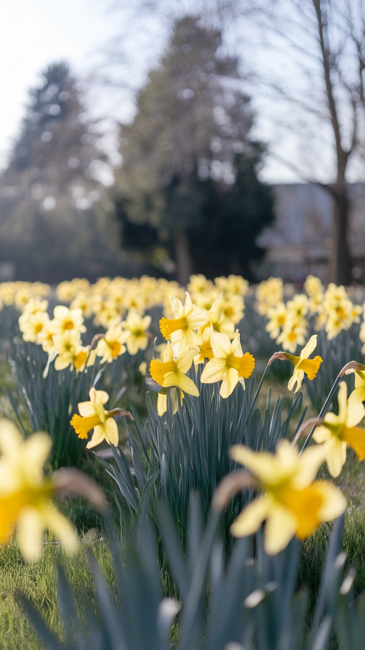 A field of yellow daffodils blooming under a clear sky