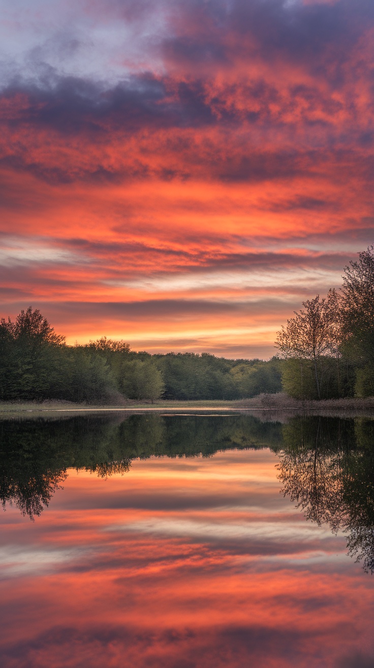 A tranquil lake at sunset with vibrant colors reflected in the water.