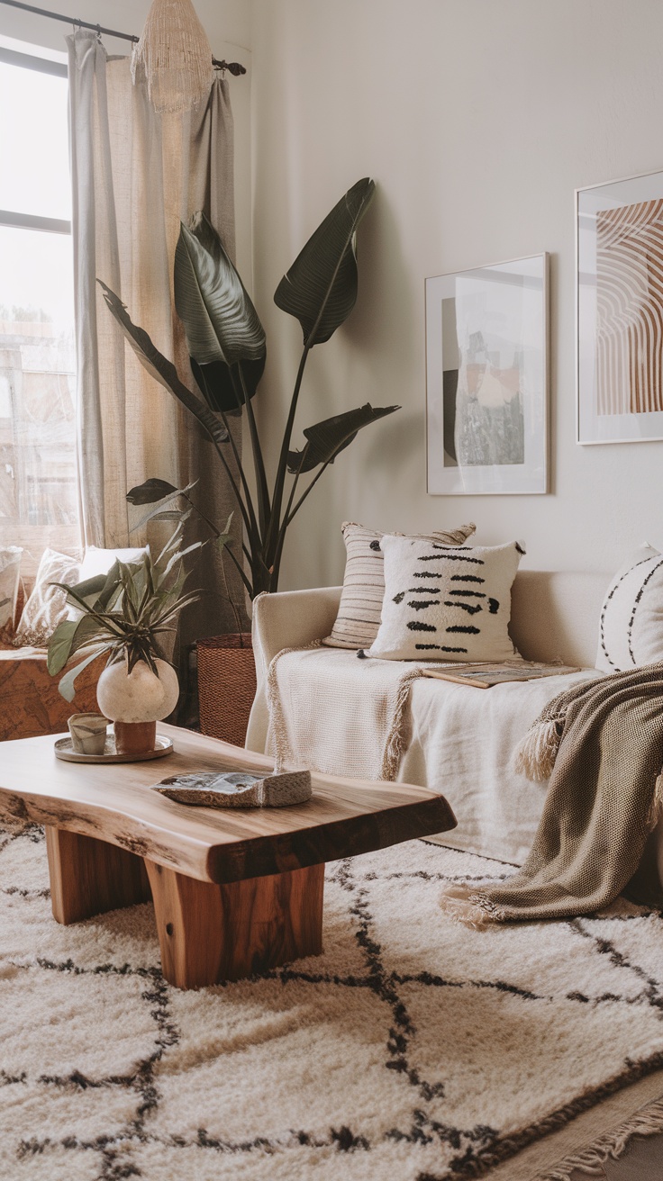 A cozy Boho chic living room featuring a wooden coffee table, pillows with patterns, and indoor plants.