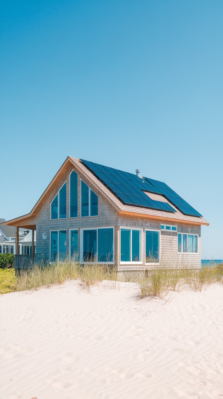 A beach house with solar panels and wooden exterior surrounded by sand and grass.