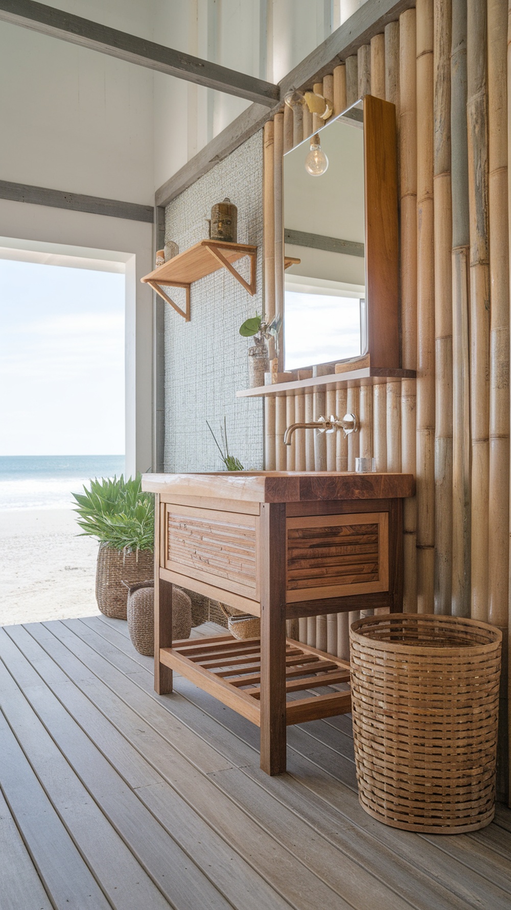 A beachy bathroom featuring bamboo walls, a wooden vanity, and woven baskets, with a view of the ocean.