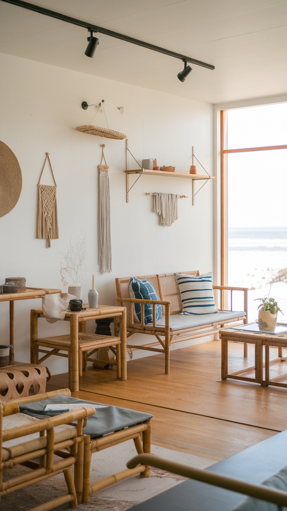 A bright beach house interior featuring bamboo furniture, natural fibers, and a view of the ocean.
