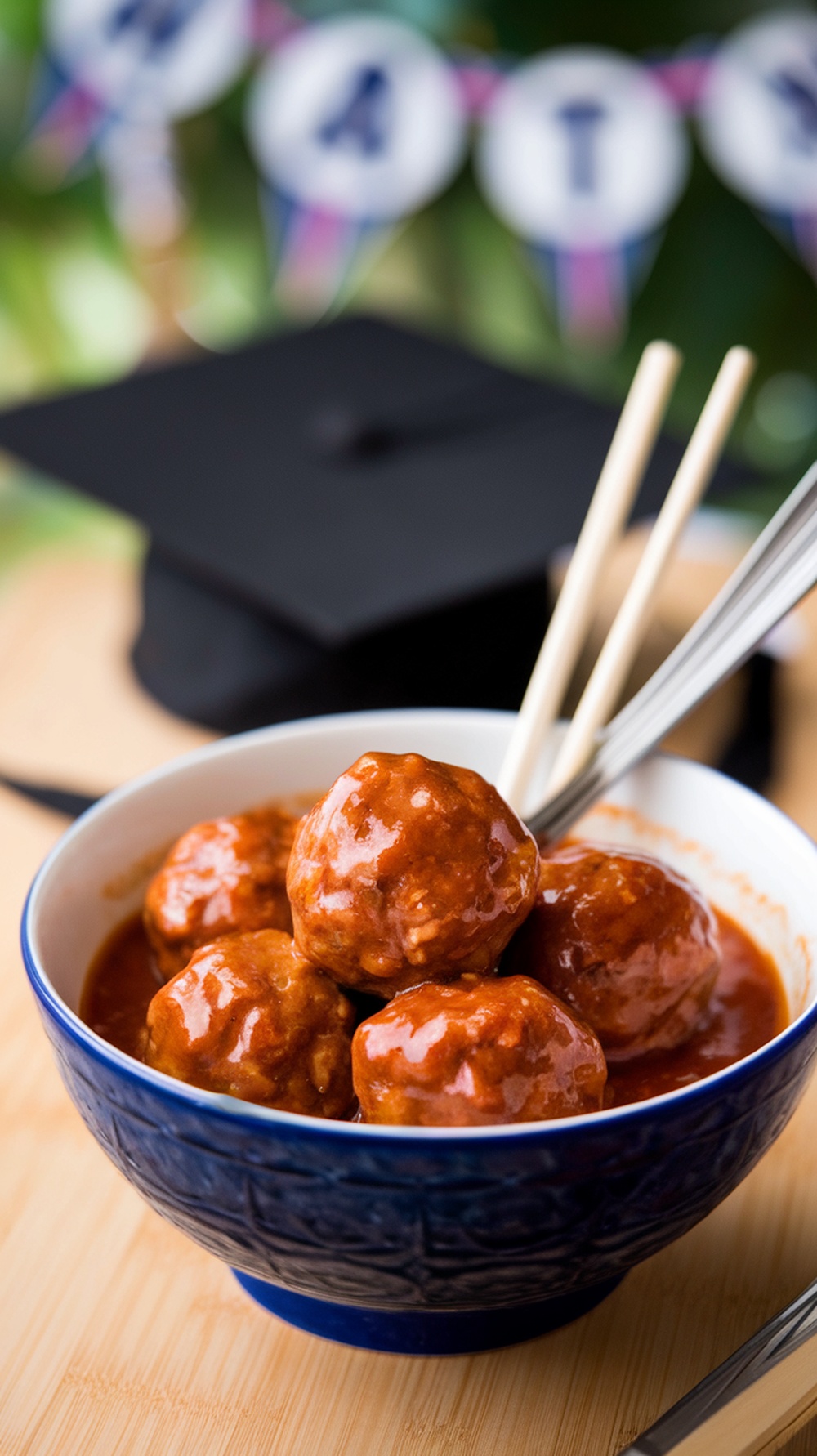 A bowl of sweet and spicy meatballs with chopsticks, graduation cap in background.