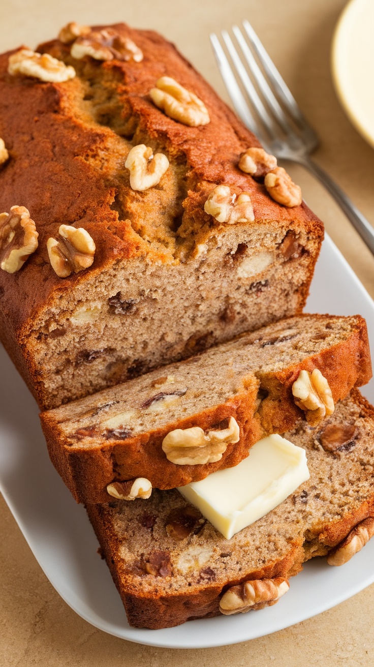 A loaf of sweet banana bread topped with walnuts, sliced and served with a pat of butter.