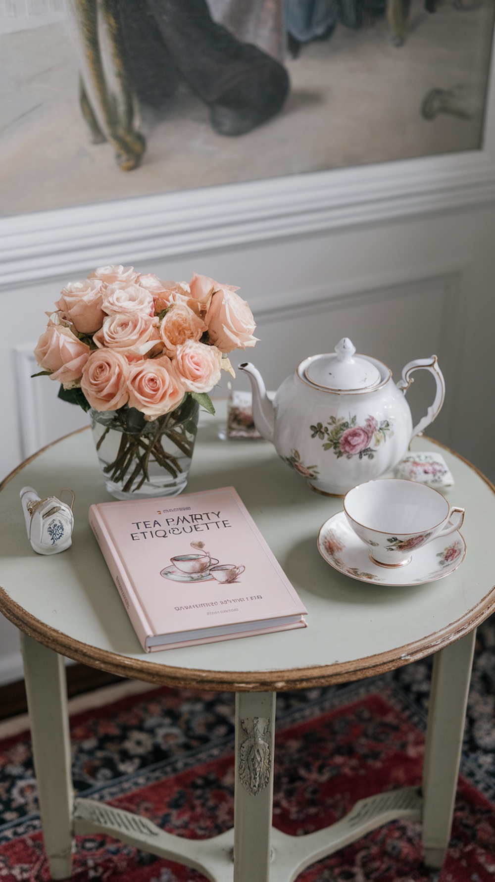 A table set for a tea party with a teapot, cup, flowers, and a book on etiquette.