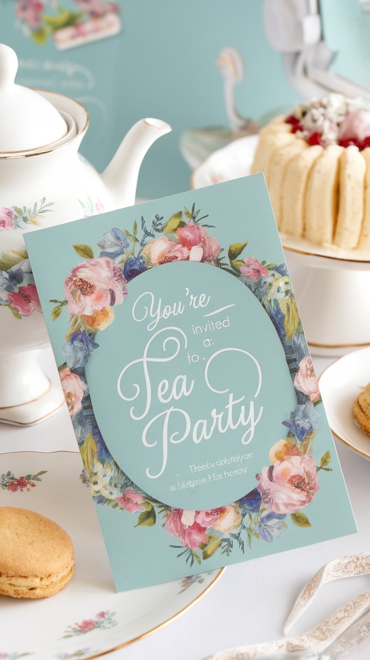 A beautifully designed tea party bridal shower invitation featuring floral designs and elegant typography.